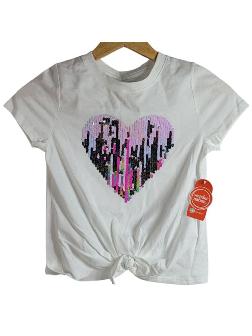 Wonder Nation Girls Reverse Sequin Heart Top White Medium Short Sleeve Ties NEW
